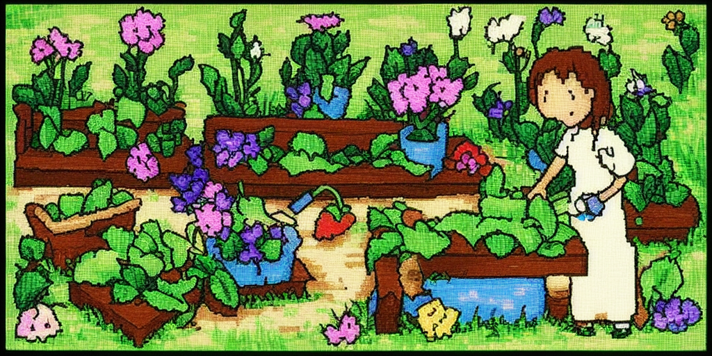 A gardener in her garden - pixelart