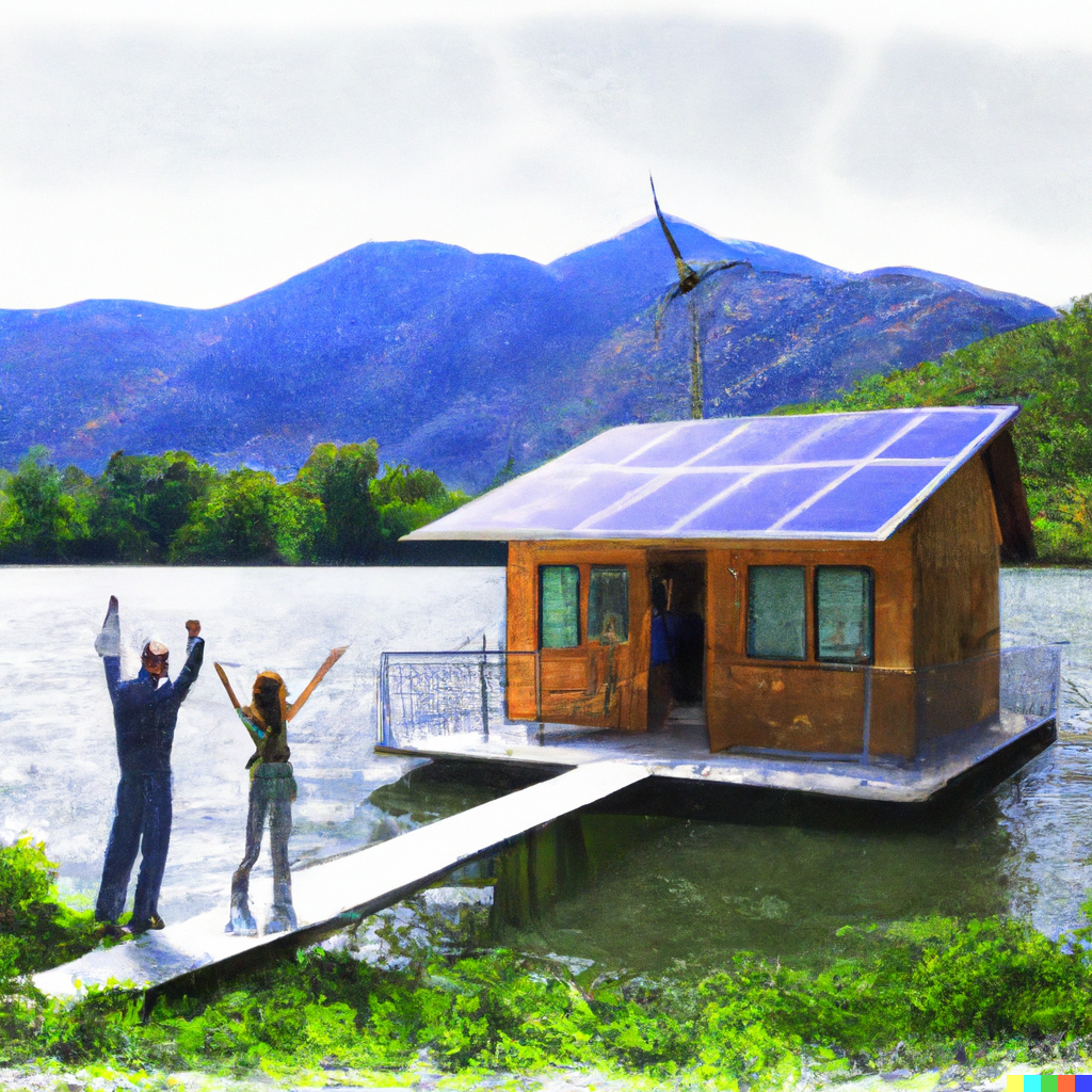 Off-grid cabine with solar panels, small wind generator, locate on a lake with mountain in the background. 2 people standing in the front before the house waving, monet style