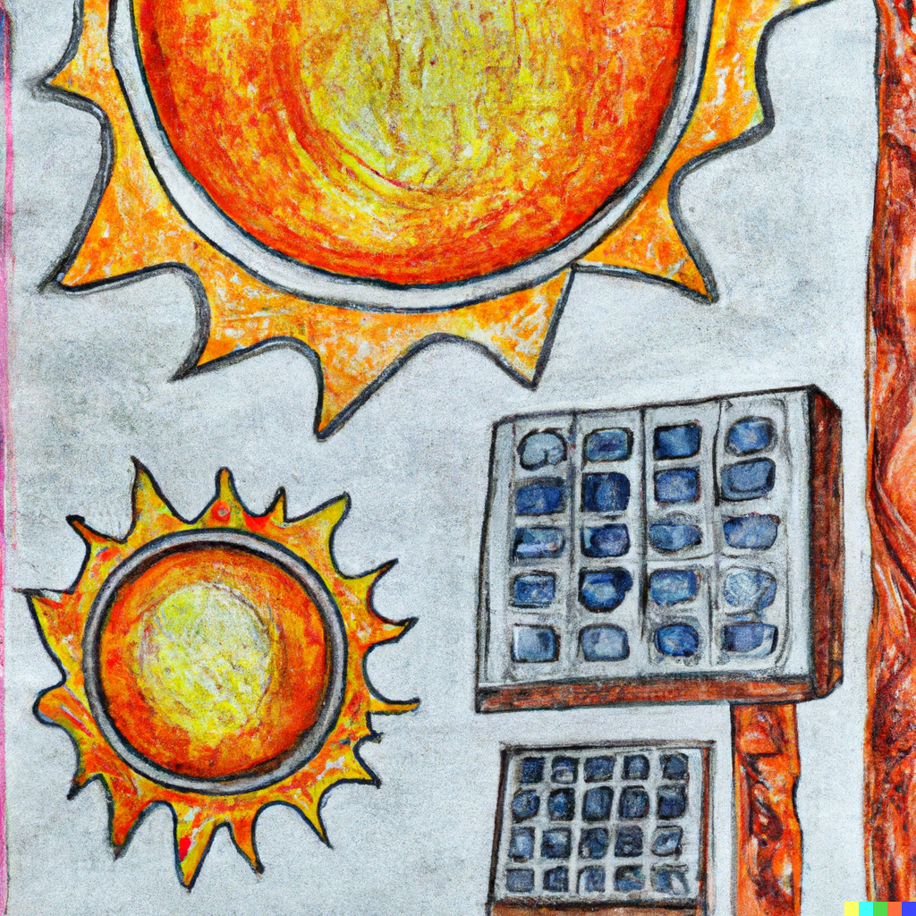 abstract pencil and watercolor of solar panels dancing wild around the sun