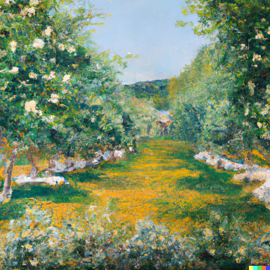 a magnificent painting showing a wonderful orchard, manet