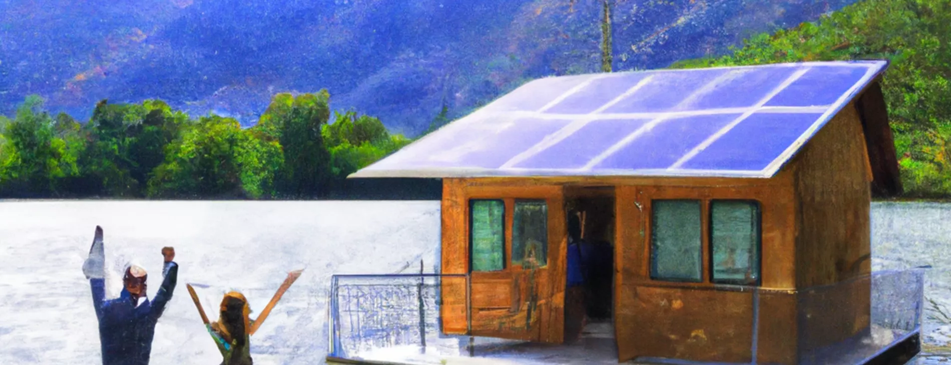 Off-grid cabine with solar panels, small wind generator, locate on a lake with mountain in the background. 2 people standing in the front before the house waving, monet style