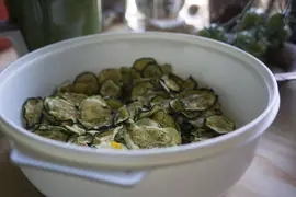Delicious Zucchini Chips in a white bowl