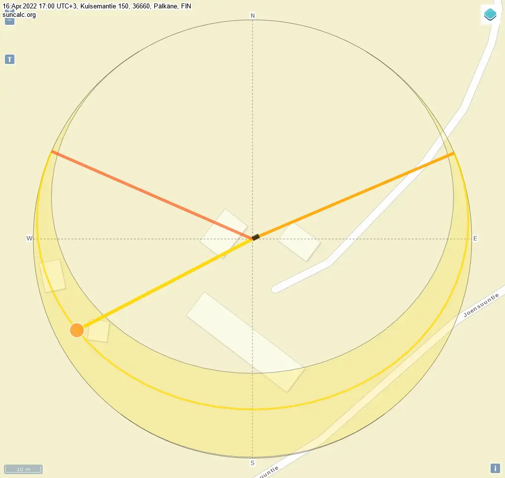 Image 1: Sun run on the 16th of April 2022, ball-ended line showing stand at 5pm. Orange hand showing sunrise, red hand showing sunset.